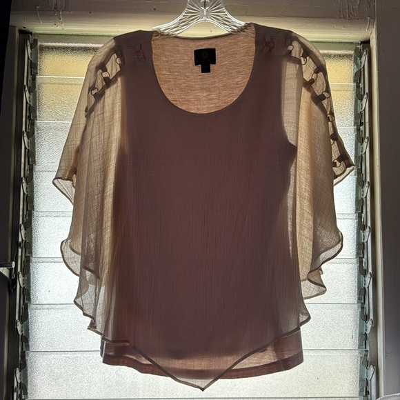 JM Collection Beige Layered Tank O-Ring Detail Sleeves Gauzy Top Blouse Sz PM - Picture 3 of 12